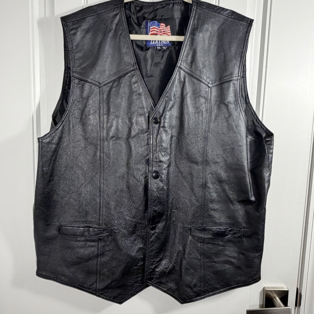Leather‎ U.S.A. Black Genuine Leather Motorcycle Biker Vest Snap Front Men's 5XL
